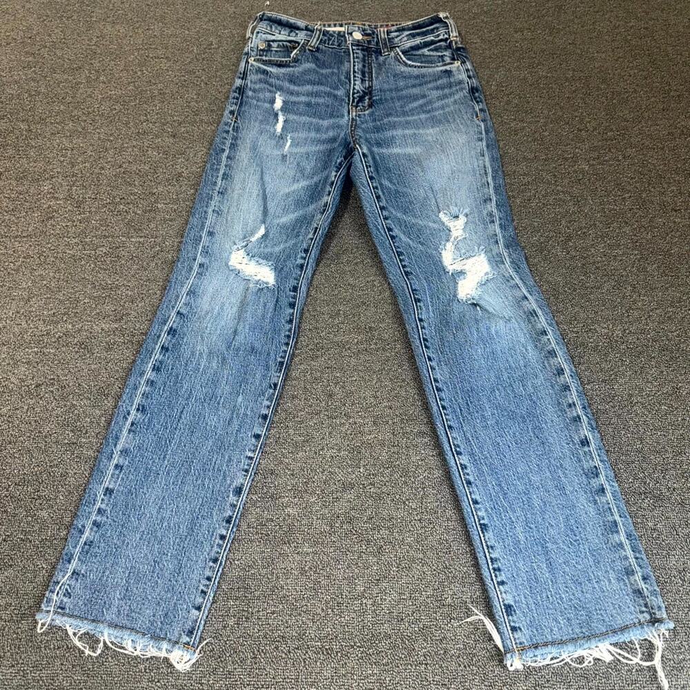 Anthropologie Pilcro The Vintage Straight Jeans Womens 25 Blue Denim Distressed